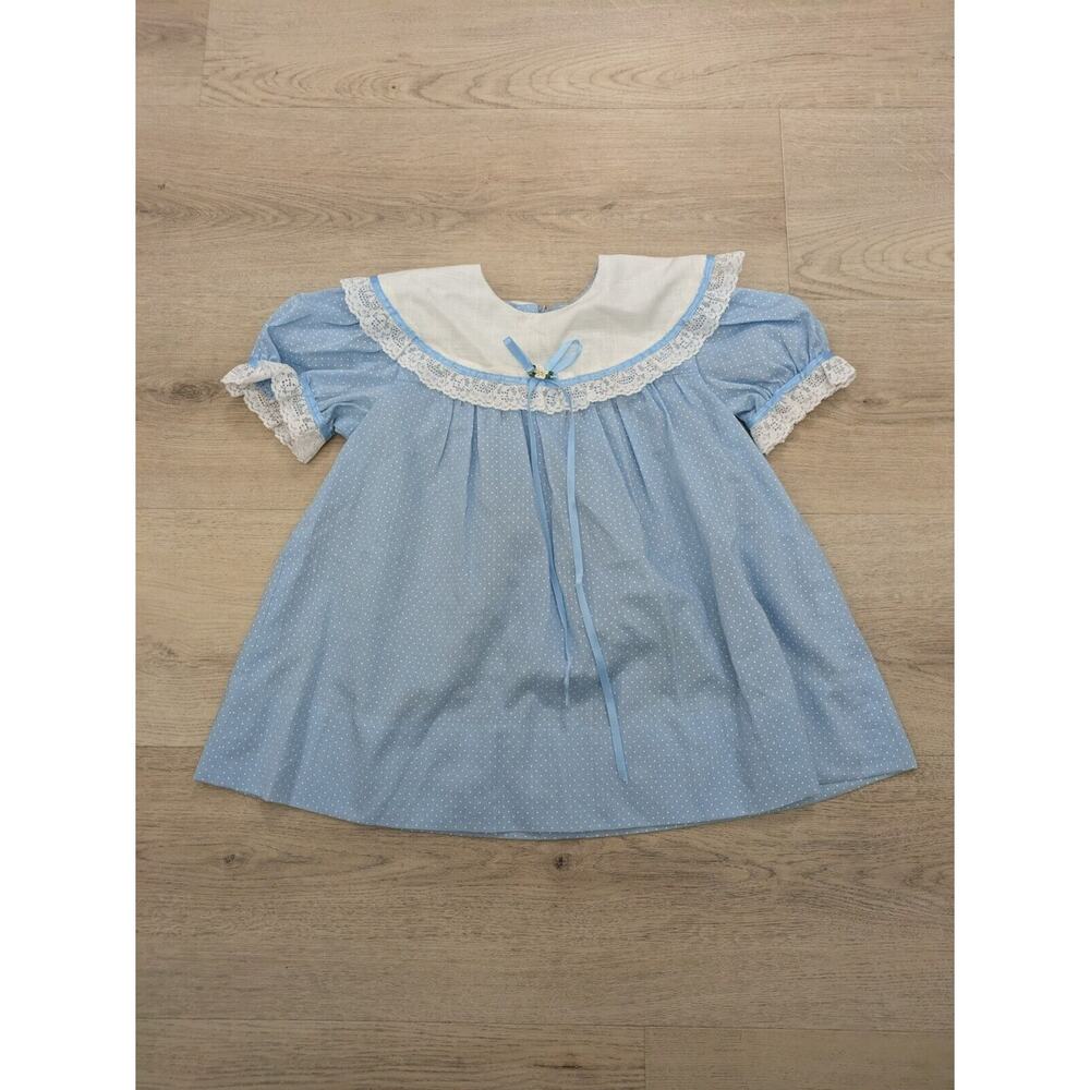 Girls Dress Pastel‎ Blue polka with White Lace Vintage